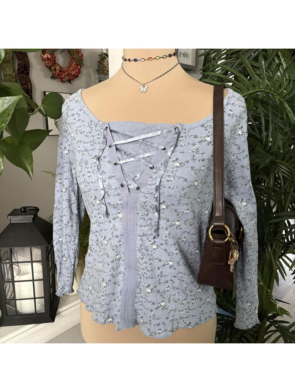 blue floral lace up top